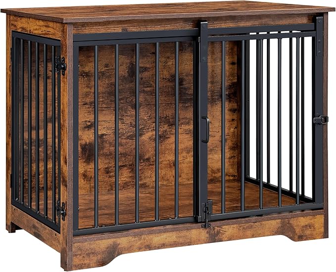 31.9" Dog Crate Furniture with Barn Door, Heavy Duty Dog Kennel Indoor with 2 Doors, Wooden Pet Cage End Table for Small Medium Dogs up to 44 lb, Anti-Chew Anti-Escape, Rustic Brown DFC83601B