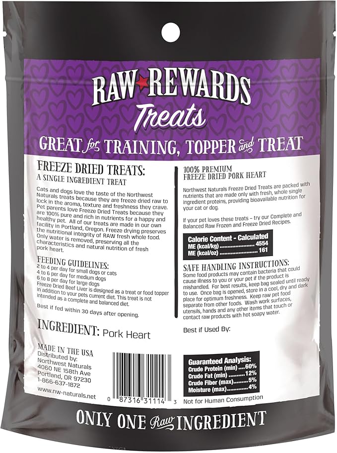 Northwest Naturals Raw Rewards Freeze-Dried Pork Heart Treats for Dogs and Cats - Bite-Sized Pieces - Healthy, 1 Ingredient, Human Grade Pet Food, All Natural, Proudly Made in USA, 3 Oz