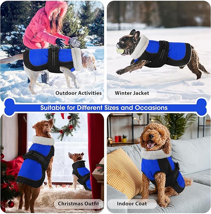 Dogcheer Waterproof Dog Coat, Christmas Dog Winter Jacket, Adjustable Puppy Fleece Coat for Cold Weather, Reflective Turtleneck Snow Jacket for Small Medium Large Dogs - Blue, L