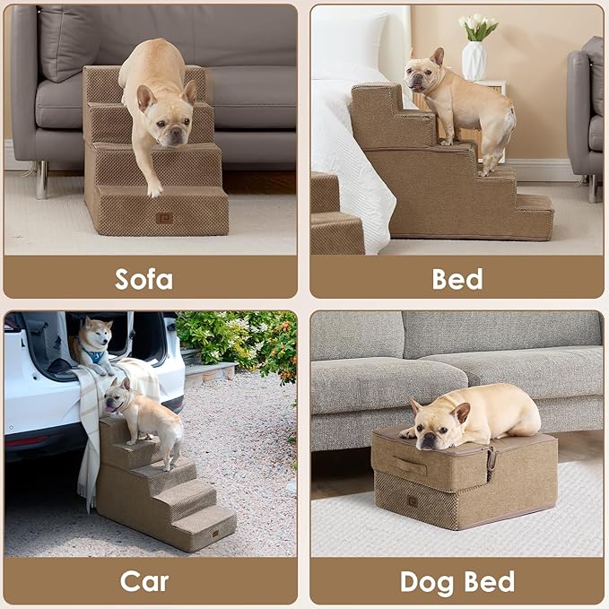 EHEYCIGA Dog Stairs for High Bed 22.5" H, 5-Step Dog Steps for Bed, Pet Steps for Small Dogs and Cats, Non-Slip Balanced Pet Ramp Indoor, Camel