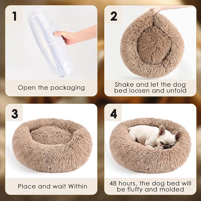 28in Large Dog Bed, Medium Size Dog and Cats, Calming Donut Bed for Puppy and Kitten, Washable Round Fluffy Pet Bed (Camel)