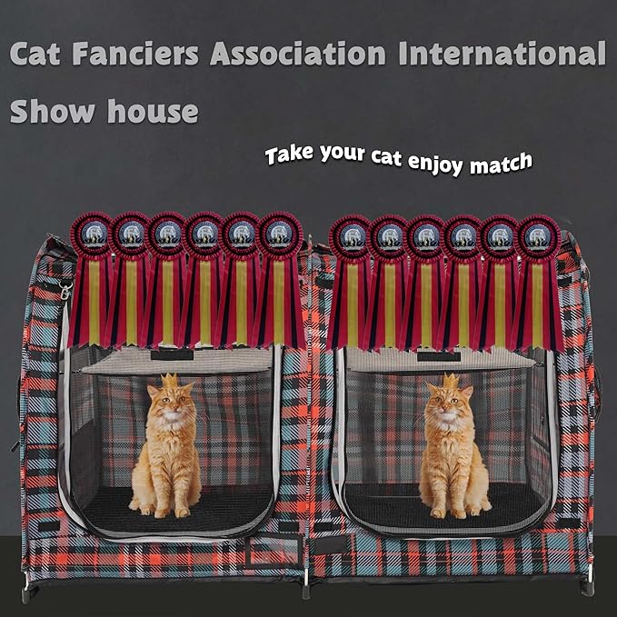 Mispace Portable Twin Compartment Show House Cat Cage/Condo - Easy to Fold & Carry Kennel - Comfy Puppy Home & Dog Travel Crate with Carry Bag/Two Hammocks/Mats and Collapsible Litter Box