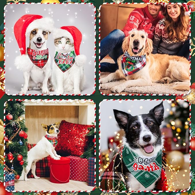 Abbylike 50 Pcs Dog Bandanas Bulk Pet Scarfs Triangle Bibs Adjustable Washable Puppy Kerchief Seasonal Pet Costume Accessories Grooming Supplies for Small Medium Large Dogs Cats(Christmas Plaid Dog)