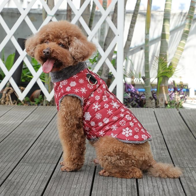 Warm Fleece Dog Coats with Durable Harness Buitl in D-Ring,Waterproof Puppy Jacket for Small Dogs,Dog Vest for Cold Winter,Red,Snow Pattern M