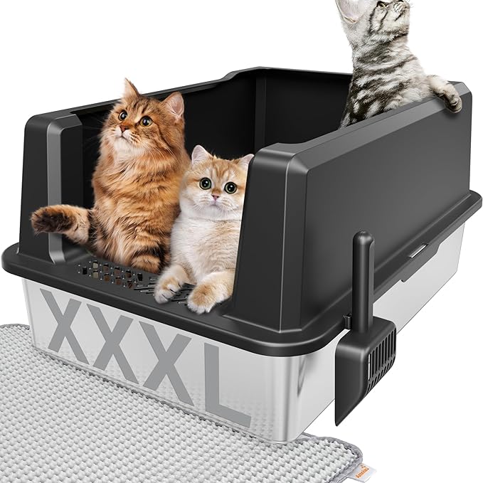 Stainless Steel Jumbo Open Cat Litter Box, XXXL 28"x20.5"x14" for Large Cats & Multi-Cat Households, Anti-Leakage High Walls & Non-Slip Base, Non-Sticky, Easy Clean Durable Metal Litter Pan