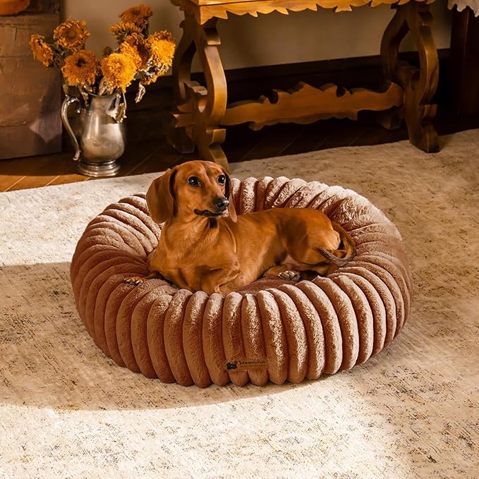 MEWOOFUN Donut Dog Beds for Small Dog, Calming Bed Round Cute Puppy Bed with Non-Slip Bottom, Fluffy Washable Pet Bed for Puppy and Kitten (Dark Brown, M (30x30x8))