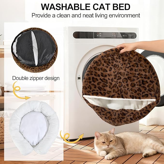 Calming Dog Beds & Cat Cave Bed with Hooded Cover,Removable Washable Round Beds for Small Medium Pets,Anti-Slip Faux Fur Fluffy Coved Bed for Improved Sleep,Fits up to 15/25 lbs(Leopard Print,S)