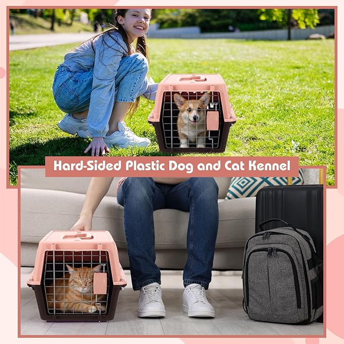 2 Set 18.9" Pet Carrier for Small Cats and Dogs, Hard Sided Plastic Cat Kennel for Pet with Front Door Security Lock Fully Breathable Travel Crate, up to 13 Lbs(Brown,18.9 x 12.6 x 11.8 Inch)