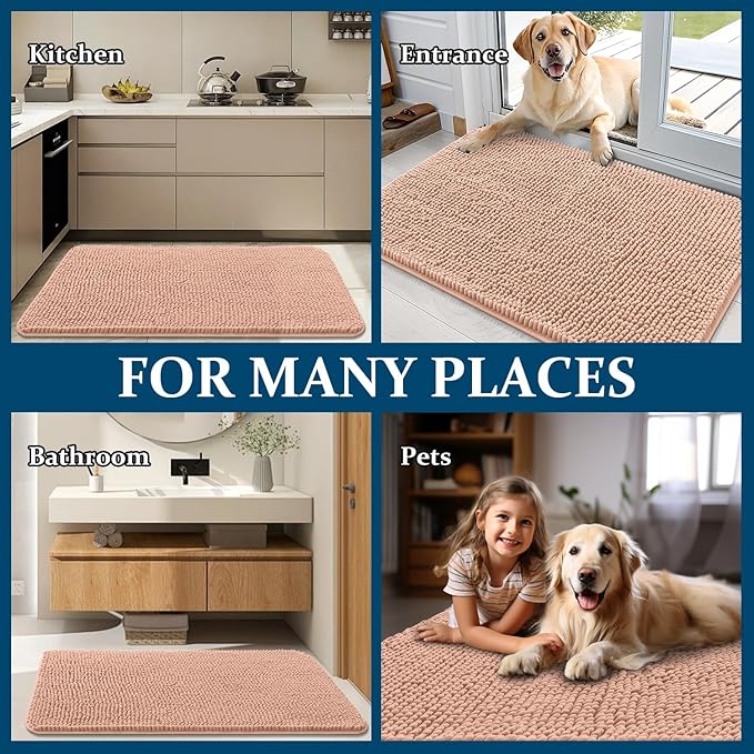 OLANLY Dog Door Mat for Muddy Paws 44x24, Absorbs Moisture and Dirt, Absorbent Non-Slip Washable Doormat, Quick Dry Chenille Mud Mat for Dogs, Entry Indoor Entryway Carpet for Inside Floor, Peach