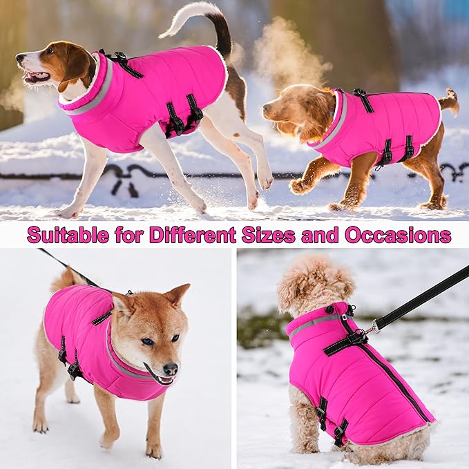 Dogcheer Dog Coat, Waterproof Dog Jacket with Harness, Reflective Adjustable Puppy Winter Coat with Zipper, Christmas Snow Jacket Clothes for Small Medium Large Dogs - Pink 3XL