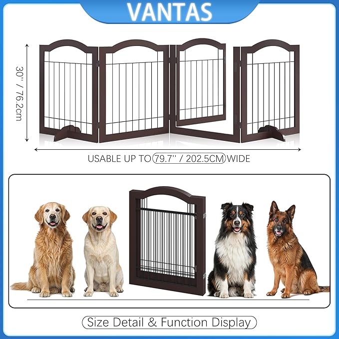 Vantas Folding No-Assembly Dog Door Pet Gate 96" Wide, 30" Tall Wooden Dog Gate with Door Walk Through, Freestanding Wire Pet Gate, Pet Puppy Safety Fence, with 2PCS Support – Espresso