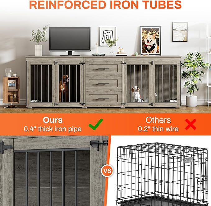Rophefx 94.5" Dog Crate Furniture for 2 Dogs, Large Dog Kennel Furniture with 3 Storage Drawer, Wooden Dog Cage with 4 Bowls, Indoor Dog House TV Stand with Locks for Large Medium Dog, Grey