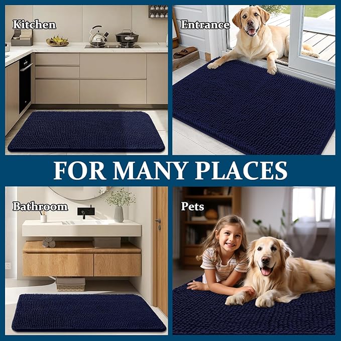 OLANLY Dog Door Mat for Muddy Paws 45x27, Absorbs Moisture and Dirt, Absorbent Non-Slip Washable Doormat, Quick Dry Chenille Mud Mat for Dogs, Entry Indoor Entryway Carpet for Inside Floor, Navy Blue