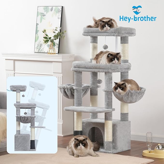 Hey-brother Cat Tree Tower, Scratching Posts with Extra Large Platform, Specious Condo, 2 Cozy Hammocks, Self-Grooming Brush for Indoor Adult Cats, Maine Coon 51.1 inches, Light Gray MPJ070W