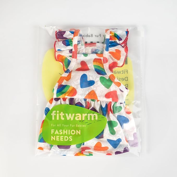 Fitwarm Colorful Heart Dog Dress, Summer Clothes for Small Dogs Girl, Cute Pet Rainbow Outfit, Red, Yellow, Blue, Green, White, Large