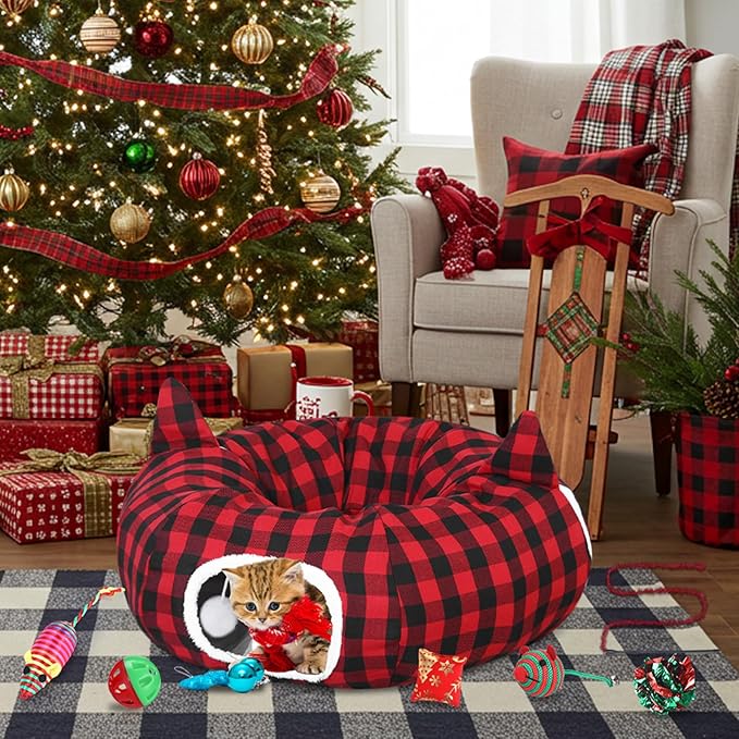 Christmas Cat Tunnel Bed with 8 Cat Toys Fluffy Plush Dog Tunnel Bed with Washable Cushion and Dangling Balls 3FT Multifunctional Playground for Small Medium Large Rabbit(Plaid,Red)