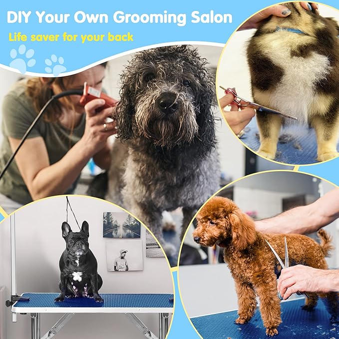 46''Large Dog Grooming Table, Adjustable Cat Drying Desktop with Arms, Nooses, Mesh Tray, Foldable Pet Station at Home, Maximum Capacity Up to 330Lb, 46inch, Blue