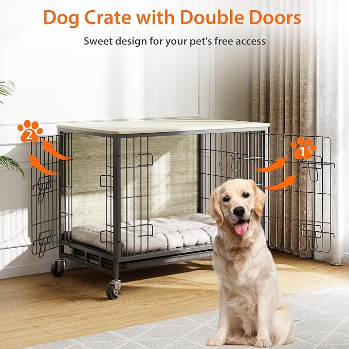 Dog Crate Furniture, 38.6" Wooden Dog Crate with Double Doors, Dog Furniture, Large Dog Kennel Indoor End Table for Large Dogs, Rustic Brown