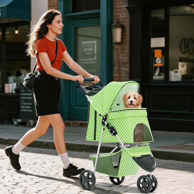 Dog Stroller for Small Dogs 10 Lbs 20 Lbs, Pet for Medium Dogs 30 Lbs, Cat Strollers for 1 Cats, 3 Wheels Foldable Jogger Puppy Stroller with Storage Basket and Cup Holder, Green Polka Dots