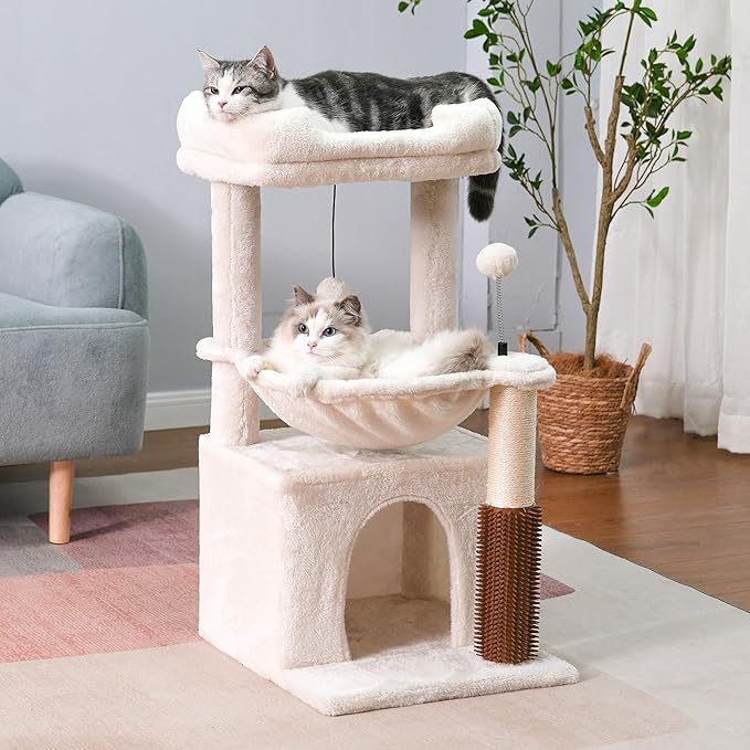 Cat Tree 32 Inches Small Cat Tree for Large Cats Adult Cat Tower with Scratching Post,15.7”Large Hammock and Self Groomer, and Removable Top Perch and Wide Condo for Indoor Cats-Beige