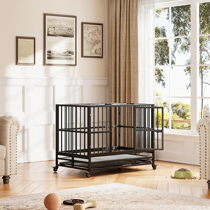 38 in Heavy Duty Dog Crate, Foldable Indoor Dog Cage with Double Door, 360° Lockable Wheels and Removable Tray, Easy to Clean and Assembly,for Small Medium Large Dogs