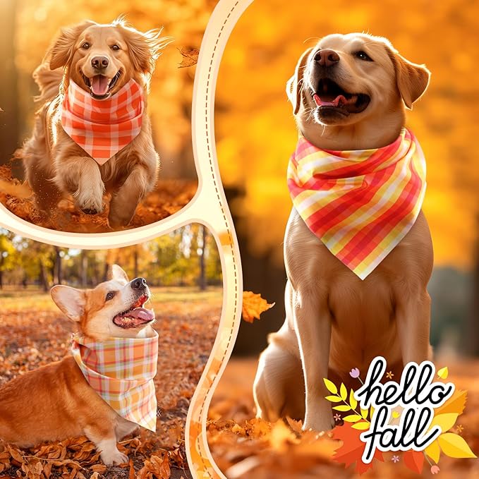 100 Pieces Thanksgiving Fall Dog Bandanas Bulk Plaid Bandanas for Dogs Autumn Soft Triangle Kerchief Bibs Adjustable Triangle Doggie for Small Medium Large Pets Party Costume
