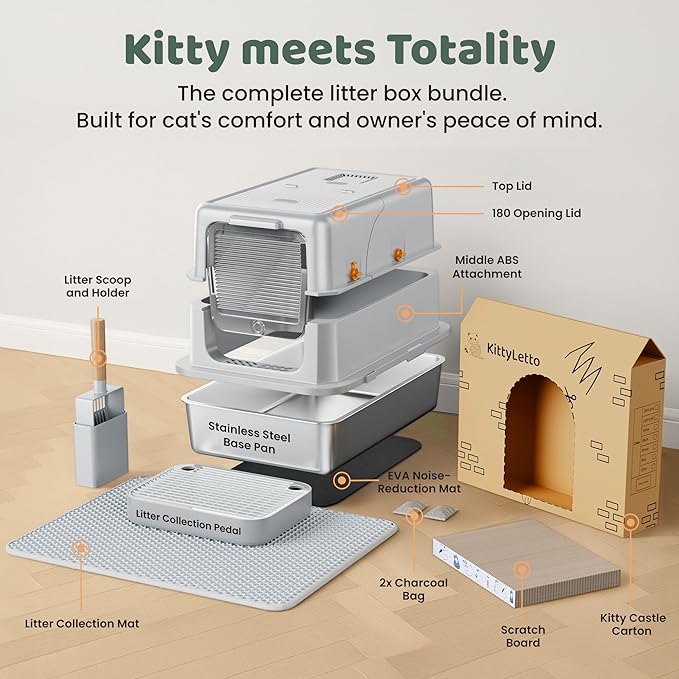 Stainless Steel Litter Box with Lid - XL Enclosed Litter Box for Cats with Collecting Mat - 4 Way Setup Fully Closed, Semi Low, High & Open Kitty Boxes, Leak Proof Metal LitterBox (Light Gray)