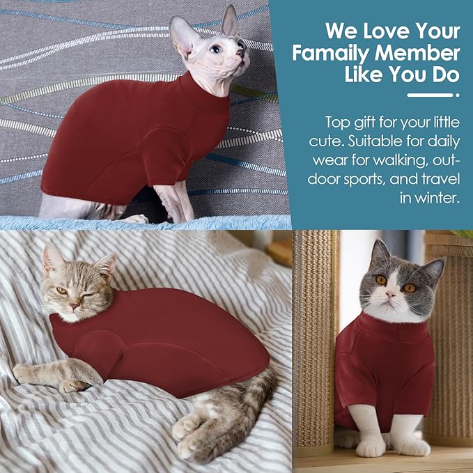 SUNFURA Turtleneck Sweater for Cat, Sphynx Hairless Cats Shirt Sweaters with Sleeves, Warm and Soft Kitten Pullover Fleece Winter Pajamas Jumpsuit for Puppy, Burgundy L