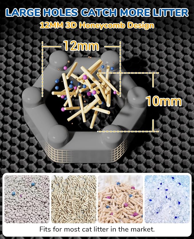 BurgeonNest 45"x32" Extra Large Cat Litter Mat, Honeycomb Double Layer Kitty Litter Trapping Mat, Urine Proof & Waterproof, Easy Clean, Machine Washable, Non-Slip, Scatter Control, Black