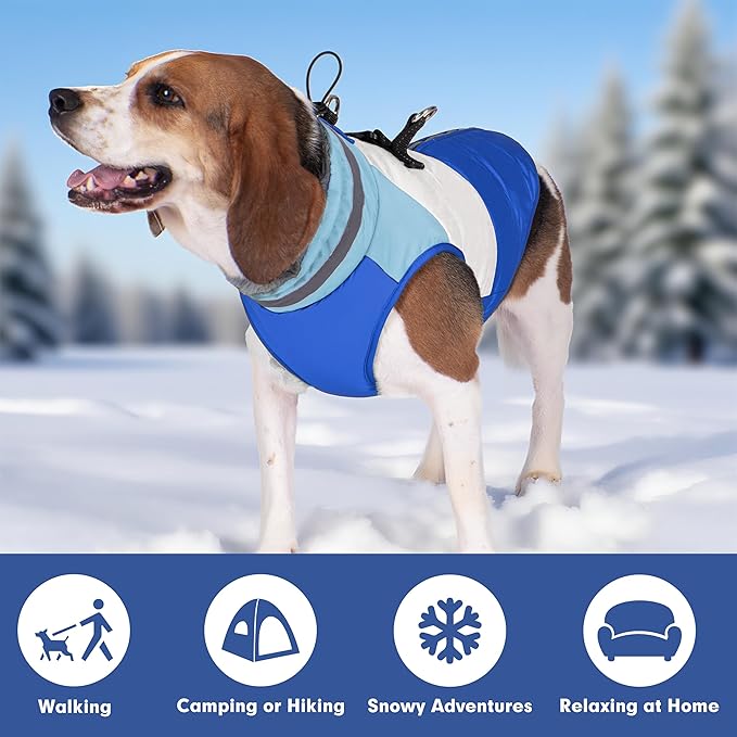 azuza Dog Jacket for Medium Dogs Waterproof Dog Coat with Reflective Strips and Harness Built in Warm Fleece Dogs Winter Coat Windproof with Back Zipper, Blue XL