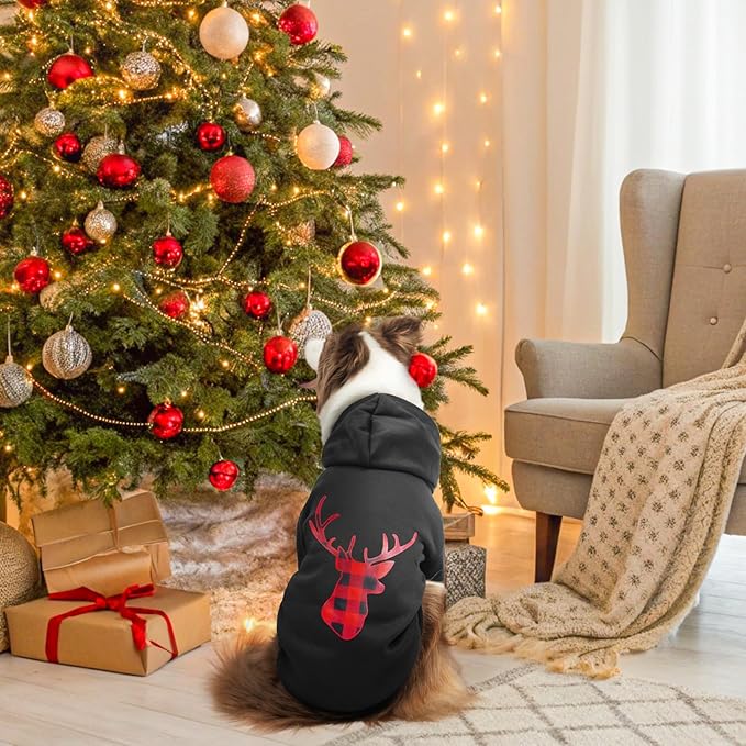 SCENEREAL Christmas Dog Hoodie with Leash Hole, Warm & Soft Fleece Pet Sweater & Sweatshirt for Small Medium Large Dogs, Xmas Elk Print Pets Clothes Cold Weather Costume, M