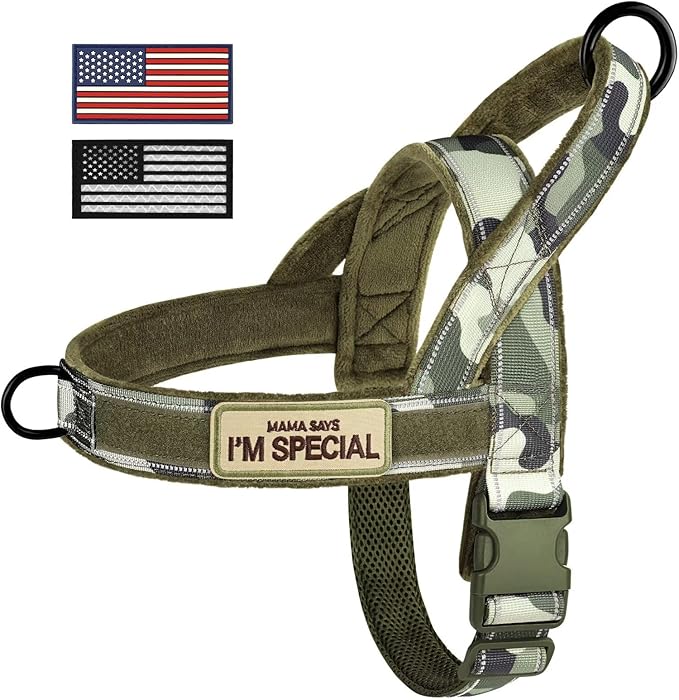 Forestpaw No Pull Dog Harness with Large Handle,Slip on Reflective Vest with Quick Release Buckle,Comfortable Flannel Lining for Medium Large Dogs Walking Training (Includes 3 Patches),Green Camo M