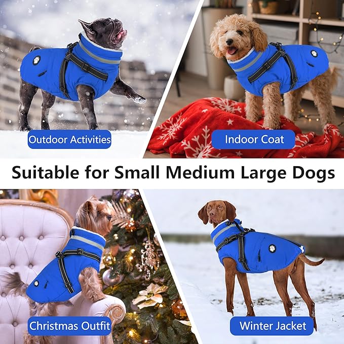 Dogcheer Dog Coat, Waterproof Dog Winter Jacket with Harness, Reflective Adjustable Doggy Cold Weather Coats, Christmas Pet Fleece Snowsuit for Small Medium Large Dogs - Blue, S
