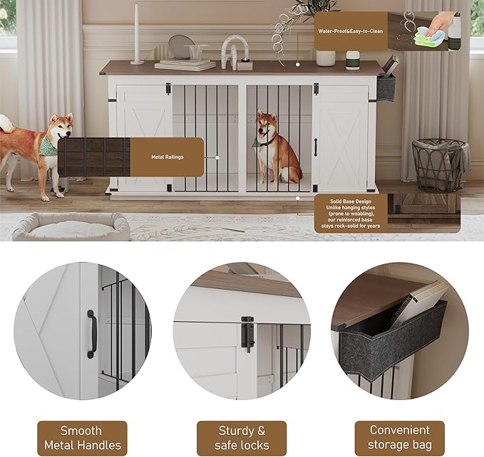 Large Dog Crate Furniture for 2 Dogs, Extra-Large Indoor Dog House with Partition, Heavy-Duty Sturdy Dog Kennel for Large Dogs, 1 Storage Bag, Farmhouse Style Cage