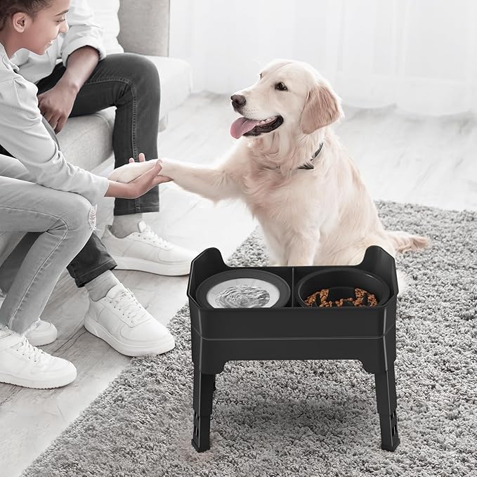 4-in-1 Elevated Slow Feeder Dog Bowls, 4 Height Adjustable Mess Proof Raised Dog Bowl Stand with No Spill Water Bowl, Stainless Steel Doggy Food Dish & Slow Feeder for Large Medium Small Pets