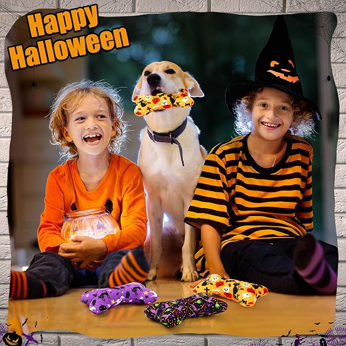 6 Pack Halloween Dog Squeaky Bone Toys Halloween Plush Interactive Dog Pets Birthday Bone Shape Stuffed Chew Toys for Puppy Small Medium Large Squeak Toss Play