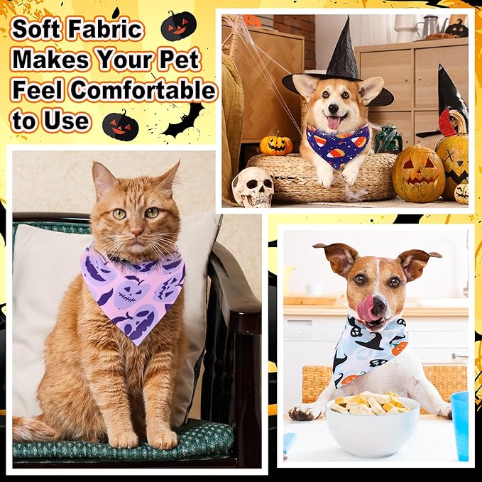 Reginary 72 Packs Halloween Dog Bandanas Bulk Pumpkin Ghost Pet Bandanas Triangle Scarf Bibs Adjustable Dogs Bandana for Halloween Thanksgiving