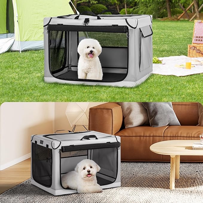 PETSFIT Portable Dog Crate, Soft Dog Crate - 24 Inch Easy Set-up, Light, Sturdy, Comfy Inside with Thicken Mat, Portable Kennel for Home and Travel Light Grey