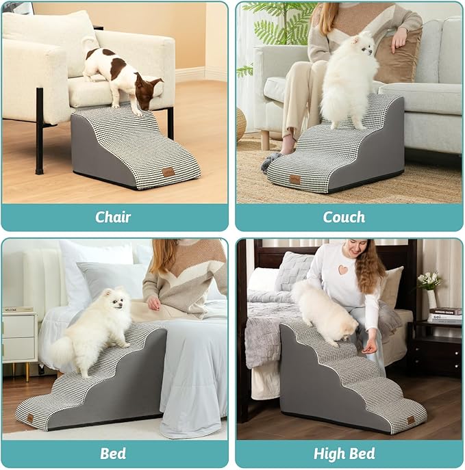 Dog Stairs for Small Dogs 15.7" H, Curved Dog Step for Puppy, Older Cat, Medium Pet Ramp for Sofa, Couch or Chair, Ladder with High Density Foam, 3 Step, 15.7x22.4x15.7 inch, White Black