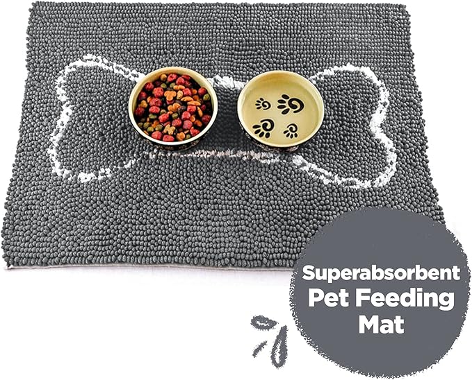 Soggy Doggy Slopmat - Water Absorbing Door Mat for Food and Water - Microfiber Chenille Rug for Muddy Paws and Messy Eaters - Machine Washable (Gray/Light Gray Bone, 18” x 24″)