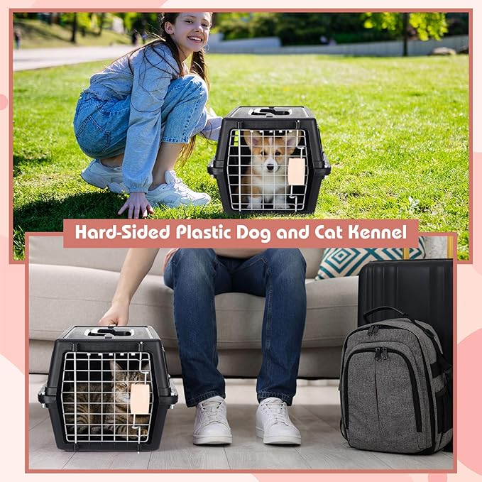 2 Set 18.9" Pet Carrier for Small Cats and Dogs, Hard Sided Plastic Cat Kennel for Pet with Front Door Security Lock Fully Breathable Travel Crate, up to 13 Lbs(Black,18.9 x 12.6 x 11.8 Inch)