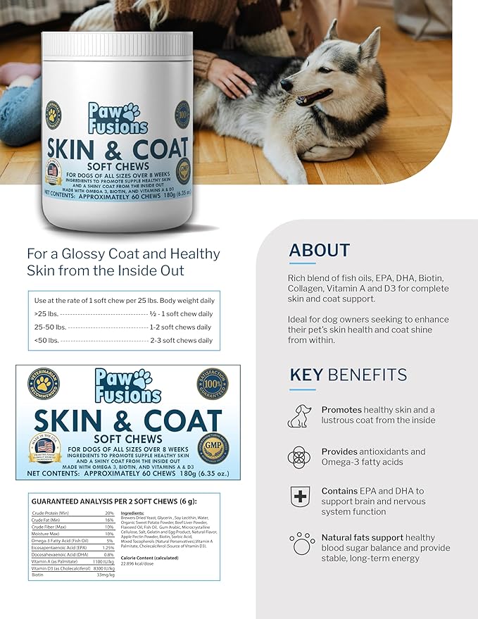 Skin and Coat Soft Chews for Dogs 60 Count - Supports Healthy Skin and a Lustrous Coat FromThe Inside