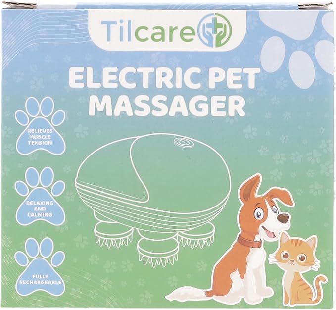 Tilcare Handheld Pet Massager for Dogs and Cats Electric Cat and Dog Massage Tool - Head and Back Scratcher for Relieving Tension, Tight Muscles and Stiffness with Four Rotating Massage Heads