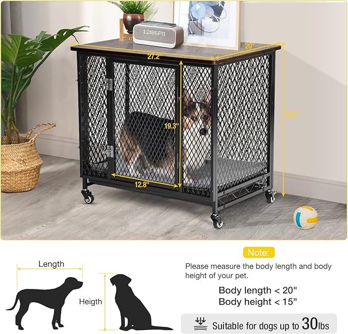 Aivituvin Dog Crate Furniture Movable Side End Table Indoor Dog Kennel for Small Medium Large Dogs Double-Doors Wooden Dog House with Cushion, Tray, Wire Floor(27.2")