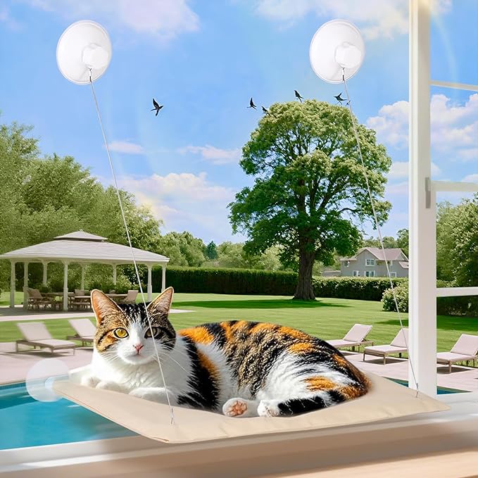 Cats Window Perch, Window cat Bed,Hammock, House, Equipped with Two Powerful Suction Cups, The Load-Bearing Capacity is Stronger, and The cat can Rest Assured to bask in The Sun(Khaki)