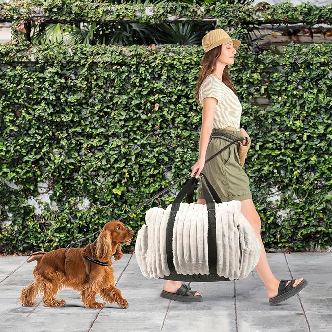 Dog Car Booster Seat, for Small Dogs Under 30 lbs, Detachable Washable Travel Bed with Storage Pockets and Safety Belt (Beige, Medium)