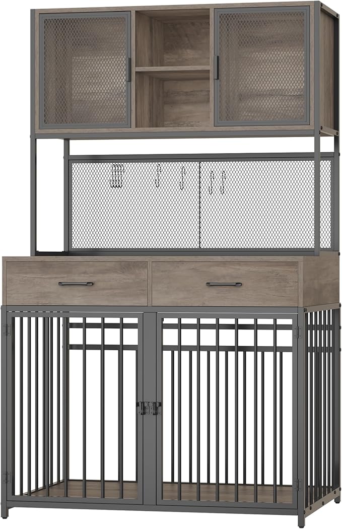 HITHOS 71" Tall Dog Crate Furniture, Indoor Dog Kennel with Hutch, 42" W Dog Cage for Large/Medium Dogs, Wood Dog Crates with 2 Storage Drawers, Heavy Duty Pet House, Ash Grey