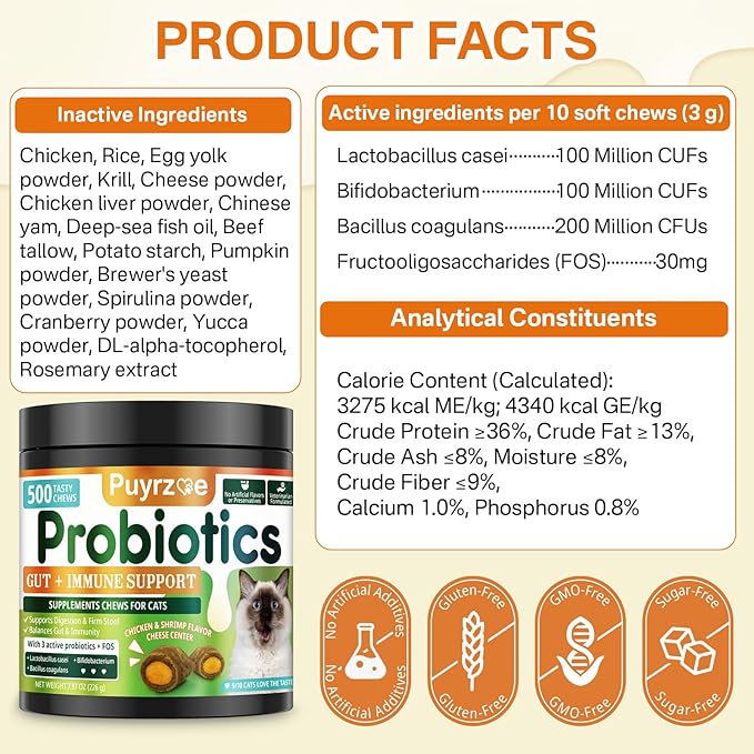 Cat Probiotics & FOS Chews - Digestive + Gut Support, 500 Crunchy & Creamy Chews, Constipation Relief + Nutrient Absorption + Immune, Daily Probiotics Chews for Cats Kittens (Chicken Shrimp)