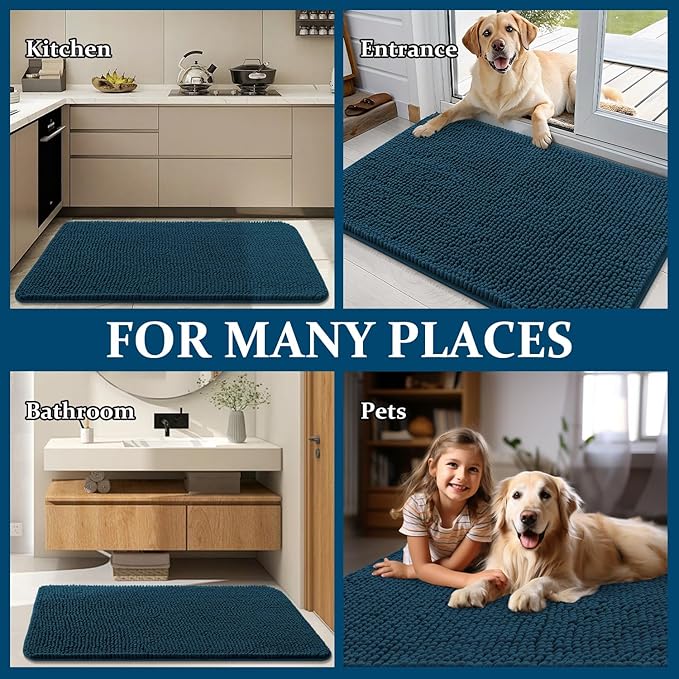 OLANLY Dog Door Mat for Muddy Paws 30x20, Absorbs Moisture and Dirt, Absorbent Non-Slip Washable Doormat, Quick Dry Chenille Mud Mat, Entry Indoor Entryway Carpet for Inside Floor, Atlantic Blue