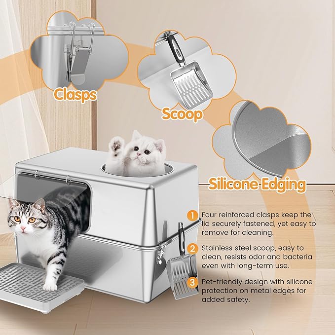 Stainless Steel Litter Box with Lid, Enclosed Metal with High Sides, Large Cat Litter Box, Dog-Proof, Odor Control, Easy to Clean,Durable with Round Edge (Offset Opening)